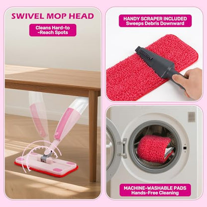 Dreamon Kids Spray Mop - Real Working Toddler Cleaning Set with Water Sprayer & 3 Washable Mop Pads & Scraper, Pretend Play Montessori Housekeeping Toys Gifts for Toddlers Kids Girls Boys(Pink) - color: Pink