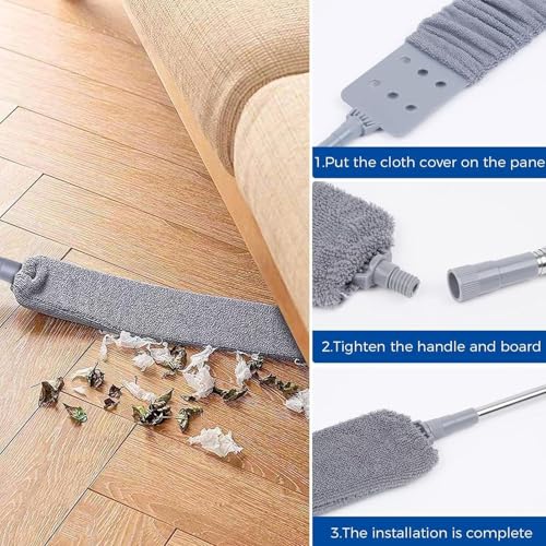 Retractable Gaps Dust Cleaner, Microfiber Duster Dust Brush with Extension Pole, Flat Duster with Dusting Cloths, for Cleaning Under Appliances, Furniture, Couch, Fridge