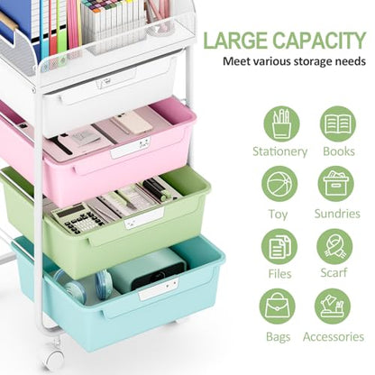 SYKIARIOL Rolling Cart with 4 Drawers,4 Tiers Rolling Utility Cart Craft Cart,Rolling Storage Drawer Cart with Mesh Top,Storage Cart with Drawers & 4 PCS DIY Lable, Classic Colorful