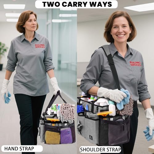 Extra large Cleaning Caddy Bag Built-in Sturdy Support Board, Cleaning Organizer with Detachable Divider, Cleaning Supply Tote with Adjustable Shoulder Strap (Grey, 19'' x 11'' x 11'') - color: Grey