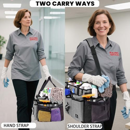 Extra large Cleaning Caddy Bag Built-in Sturdy Support Board, Cleaning Organizer with Detachable Divider, Cleaning Supply Tote with Adjustable Shoulder Strap (Grey, 19'' x 11'' x 11'') - color: Grey