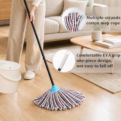 Indoor Cotton Mops for Floor Cleaning, 52" Long Handle Cotton Mop, Cleaning Mops for Tiles and Hardwood Floor, Household Mop for Kitchen, Bathroom, Garage, Tile & Hardwood Floors（Red Blue White）