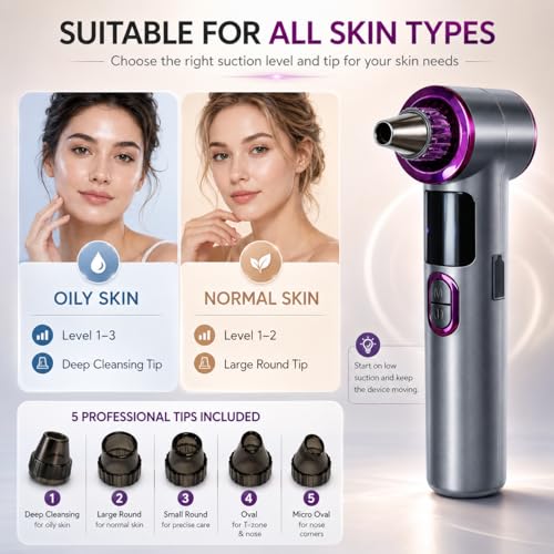 Heated Blackhead Remover Vacuum, Warm Compress Pore Vacuum Cleaner with 3 Suction Levels, LED Display, USB Rechargeable Facial Pore Cleaner Kit, 5 Heads and 4 Stainless Steel Tools