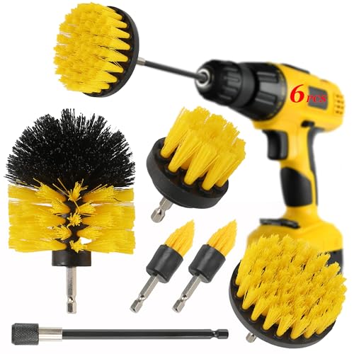 6Pcs Drill Brush Cleaning Kit with Extendable Rod, Yellow Power Scrubber Attachments for Shower, Tub, Tile, Grout, Kitchen and Car (Yellow-6pcs) - color: Yellow-6pcs