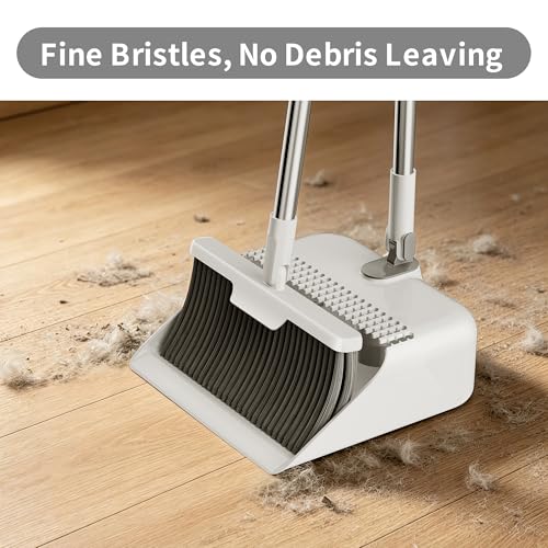 3 Pieces 52'' Broom with Dustpan Combo Set and Silicone Air Broom Kit, Long Handle Broom and Dustpan Sets with Teeth, Upright Storage Household Broom and Dustpan Sets Light Gery