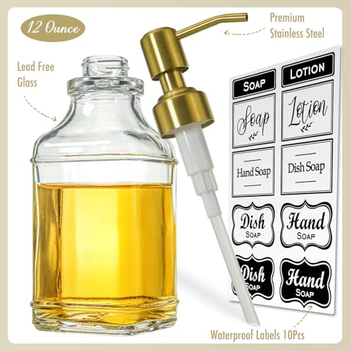 JASAI Antique Square Glass Soap Dispenser with Golden Rust Proof Pump, Refillable soap Dispenser with 10Pcs Stickers for Kitchen, Dish Soap Dispenser for Kitchen Bathroom Soap, Hand soap, Lotion. - color: 1 Pack Golden