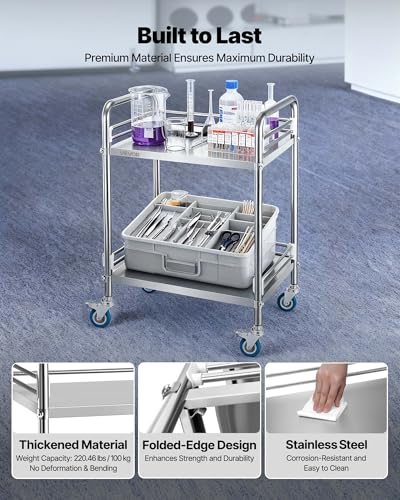 VEVOR Stainless Steel Rolling Cart, 2-Tier Metal Utility Cart with Lockable Wheels, Medical Serving Trolley Clinic Tray, Mobile Service Cart for Hospital, Lab, Restaurant, Kitchen, Salon - size: 2-Layer Shelf