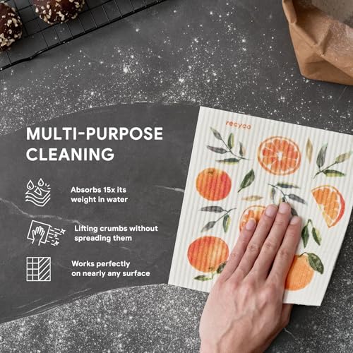 RECYCO Swedish Dishcloths for Kitchen | 5 Pack Washable Dish Rags | Cellulose Reusable Cleaning Paper Towels | Absorbent Counter Dish Cloth Sponge Kitchen Wipes, 8" L x 7" W - color: Fruitful Foliage-5 Pack
