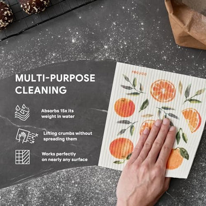 RECYCO Swedish Dishcloths for Kitchen | 5 Pack Washable Dish Rags | Cellulose Reusable Cleaning Paper Towels | Absorbent Counter Dish Cloth Sponge Kitchen Wipes, 8" L x 7" W - color: Fruitful Foliage-5 Pack