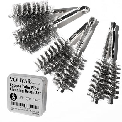 6pcs Copper Tube Pipe Cleaner for Fittings, 1/2” 3/4” 1” Pipe Cleaning Brush Set, Stainless Steel Wire Bore Brushes for Power Drill, 1/4 Inch Hex Shank - style: 6pcs for Fittings