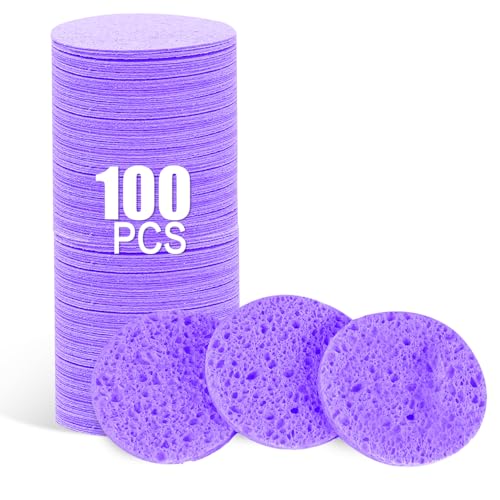 100-Count Facial Sponges Compressed Natural Cellulose Sponge Round Shape Face Sponge for Face Cleansing Exfoliating and Makeup Removal, Purple - color: 100- Pack Purple