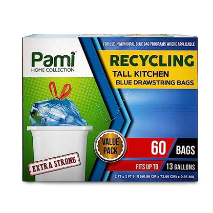 PAMI Recycling Tall Kitchen Drawstring Trash Bags- Extra-Strong Plastic Garbage Bags- Thick Trash Can Liners For Kitchen & Outdoor Bins- 2ft x2ft Unscented Trash Bags (13 Gallon – 60 Count – Blue) - style: 13 Gallon – 60 Count – Blue