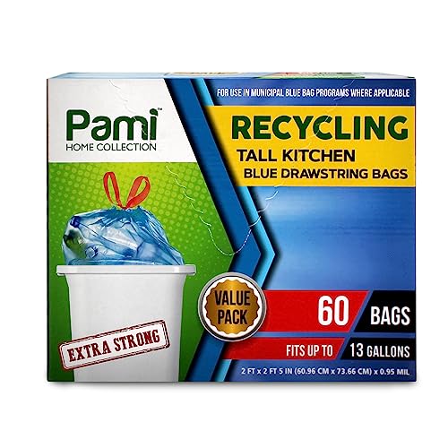 PAMI Recycling Tall Kitchen Drawstring Trash Bags- Extra-Strong Plastic Garbage Bags- Thick Trash Can Liners For Kitchen & Outdoor Bins- 2ft x2ft Unscented Trash Bags (13 Gallon – 60 Count – Blue) - style: 13 Gallon – 60 Count – Blue