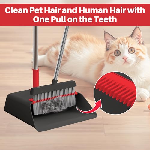 JOYMOOP Black and Red Broom and Dustpan Set, Upright Angle Design with Built-in Comb Teeth for Home, Office, Hard Floors - color: Black & Red