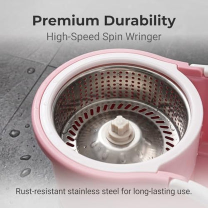 Universal Spin Mop and Bucket System with Stainless Steel Wringer - Heavy-Duty Floor Cleaning Kit Includes 4 Microfiber Mop Head Refills and Extendable Handle, Pink and White, Single Pack
