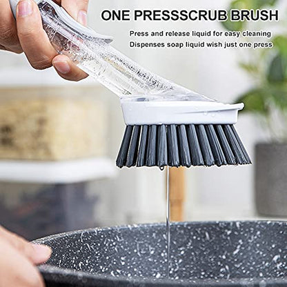 Soap Dispensing Dish Brush with 4 Replaceable Heads, Updated No Leaking Soap Dish Scrubber Soap Dispenser, Kitchen Dish Brush with Soap Dispenser for Pot Pan Sink Cleaning(Light Gray)