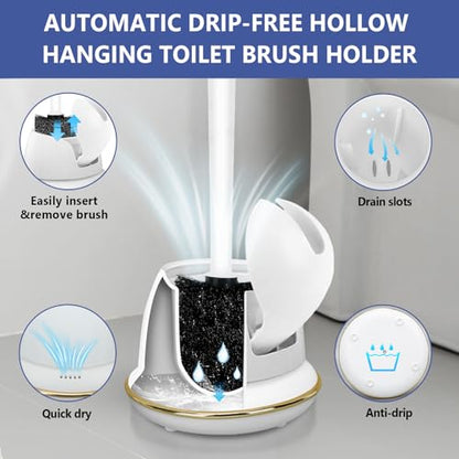 Gold and White Toilet Brush Set with Ergonomic Solid Long Handle, Auto-Opening Base, and Ventilated Base - Great for Bathroom and Toilet Cleaning, White and Gold Bathroom Accessories - size: 1 pack flip cover