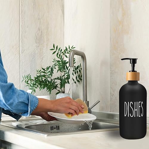 Sunrise Premium 16 OZ Thick Black Glass Soap Dispenser, Bamboo Pump with Tray 2 Pack, Hand and Dish Soap Dispenser Set for Bathroom with 6 Waterproof Labels - color: Bamboo Pump With Tray - Black Glass