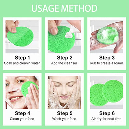 100-Count Facial Sponges Compressed Natural Cellulose Sponge Round Shape Face Sponge for Face Cleansing Exfoliating and Makeup Removal, Green - color: 100- Pack Green