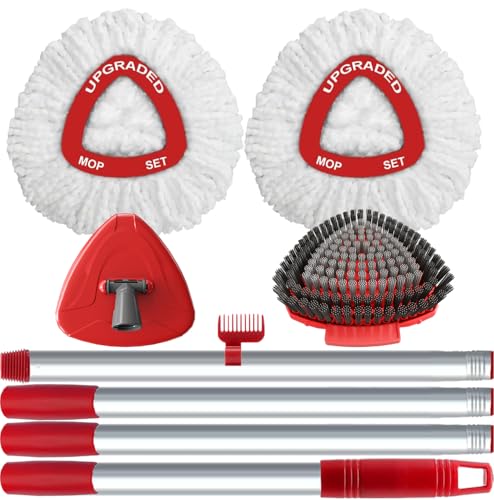 Spin Mop Replace Head Compatible with Ocedar EasyWring 1 Tank, Upgraded Scrub Brush Mop Replacement Head, 2 Microfiber Mop Refills, 1 Mop Handle, 1 Mop Base and 1 Mop Base Cleaning Brush Combo Set