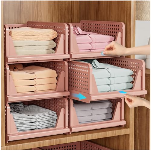 SNSLXH 5 Pack Stackable Closet Organizer Box, Multifunctional & Foldable Closet Storage Basket for Bathroom Kitchen Laundry Room Wardrobe Storage, Space-Saving Clothes Storage Drawer Organizer, Pink - color: Pink, size: 5 Pack