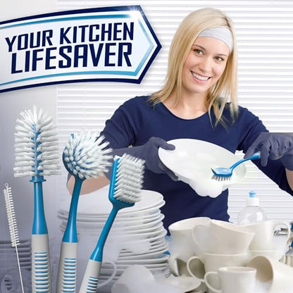 Dish Brush Set of 4 - Kitchen Scrub Brushes with Non-Slip Long Handle for Cleaning, Scrubber, Dishwashing, Dishes, Bottles, Straws, Cups, Pots & Sink, Blue - color: Blue, Set of 4