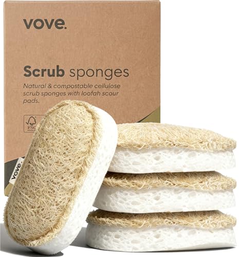 Vove Scrub Sponges 4 Pack, Cellulose & Cotton with Natural Loofah, Eco-Friendly Loofah Dish & Kitchen Sponges, Bathroom Scrubbing Pads, FSC-Certified Packaging - size: 4 Pack