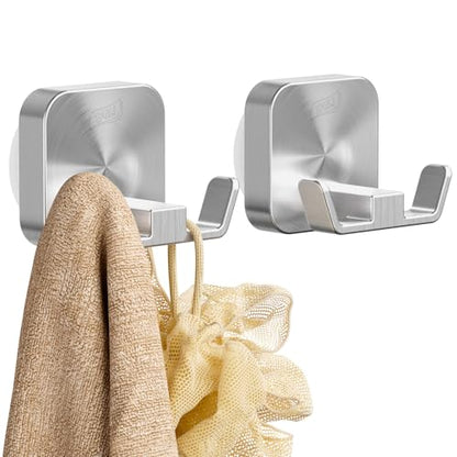 TAILI Patented Strong Suction Cup Hook, 304 Stainless Steel Bathroom Suction Cup Holder for Towel, Loofah, Bathrobe, Damage-Free Hanging Shower Wall Hook, Double-Hook Widening Design, 2 Pack, Silver - color: Wide Double-Hook, Silver