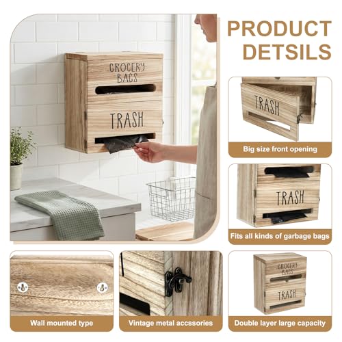 2 in 1 Trash Bag Dispenser, Double Wall Mounted,Wood Trash Bag Holder, used in kitchen, garage, laundry room, can store Environmentally friendly food bags (White/Brown(10inch*5.5inch*12.2inch）) - color: White/Brown(10inch*5.5inch*12.2inch）
