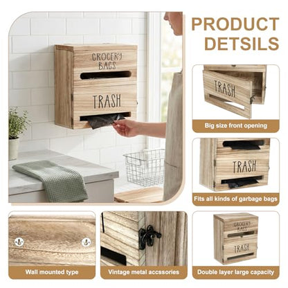 2 in 1 Trash Bag Dispenser, Double Wall Mounted,Wood Trash Bag Holder, used in kitchen, garage, laundry room, can store Environmentally friendly food bags (White/Brown(10inch*5.5inch*12.2inch）) - color: White/Brown(10inch*5.5inch*12.2inch）