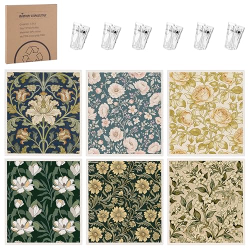Needbrock 6 Pack Vintage Floral Swedish Dishcloths for Kitchen,Swedish Rags Dish Towels with Clips, Reusable Paper Towel Absorbent Cellulose Sponge Cloths No Odor for Cleaning Home Kitchen - color: Retro Floral