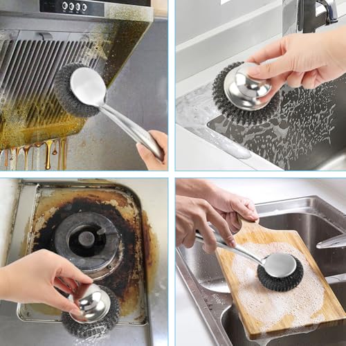 5Pcs Stainless Steel Wool Scrubber Sets, with Long & Short Handle & 3Pcs Detachable Pads, Metal Pot Scrubbers for Cleaning Dishes Iron Pots Stoves