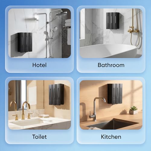 3-Chamber Shampoo, Conditioner & Body Wash Dispenser, Wall-Mounted Shower Soap Dispenser, 1200 ML (3×400 ML) Capacity, No-Drill or Screw Install, Refillable Clear-Window Bottles for Bathrooms & Hotels - color: Black-3-pack