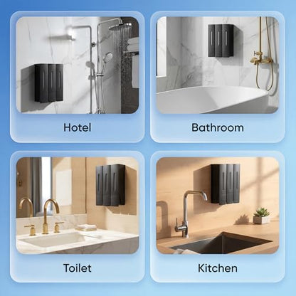 3-Chamber Shampoo, Conditioner & Body Wash Dispenser, Wall-Mounted Shower Soap Dispenser, 1200 ML (3×400 ML) Capacity, No-Drill or Screw Install, Refillable Clear-Window Bottles for Bathrooms & Hotels - color: Black-3-pack