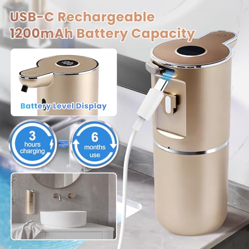 Automatic Soap Dispenser, Touchless Liquid Soap Dispensers, USB Rechargeable, 6-Level Adjustable Volume Control, 12.8oz/380ml, Wall Mount for Kitchen, Bathroom, Free Stickers (Gold) - color: Champagne Gold