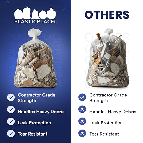 Plasticplace Contractor Trash Bags 55-60 Gallon, Heavy Duty Garbage Bags, 3.0 Mil Clear Trash Bags, Tear-Resistant Large Trash Can Liners for Construction, Recycling & Home Improvement (50 Count) - size: 50 Count (Pack of 1)