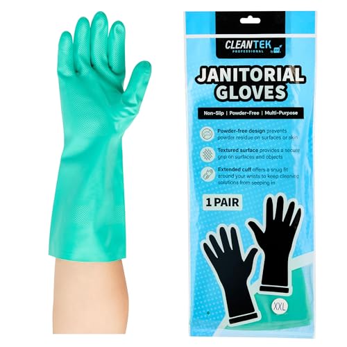 Restaurantware Green Cleaning Gloves 10 Pairs 15 Mil Thick XXL Heavy-Duty Nitrile Gloves With Long Cuff No-Latex Flock Lining For Use In Hospitals, Laboratories, Kitchens and Households - color: Green, size: 10/XXL