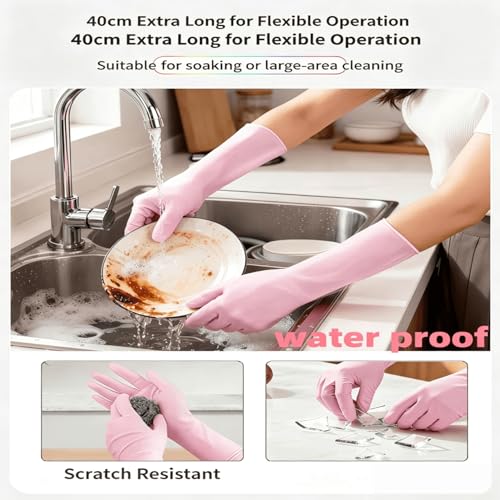 Long Nitrile Disposable Gloves Extended Cuff 16inch Latex-Free Blue Household Kitchen Cleaning Dishwashing 50PCS - color: Pink, size: Large