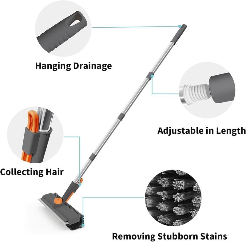 Floor Scrub Brush with Long Handle, Cleaning Brush,3 in 1 Scrape and Heavy-Duty Stiff Bristle Scrubber Brush for Cleaning Shower Bathroom, Patio, Garage, Kitchen, Wall and Deck