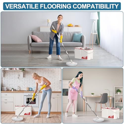 RinseWise Large Gen 1 Spin Mop and Bucket with Wringer, 2 Gal Clean Water Capacity, 4-Chamber Clean & Dirty Water Separation, 61" Handle, 4 Swivel Wheels, 6 Microfiber Heads for Hardwood & Tile Floors - size: Large Gen 1-White/Red+6 Mop Heads