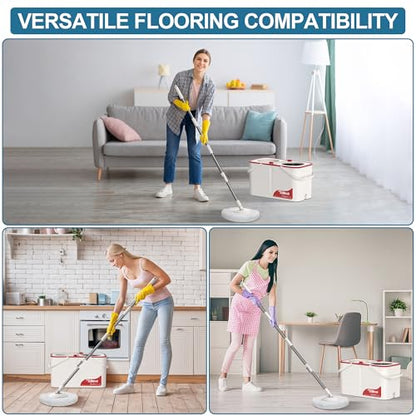 RinseWise Large Gen 1 Spin Mop and Bucket with Wringer, 2 Gal Clean Water Capacity, 4-Chamber Clean & Dirty Water Separation, 61" Handle, 4 Swivel Wheels, 6 Microfiber Heads for Hardwood & Tile Floors - size: Large Gen 1-White/Red+6 Mop Heads
