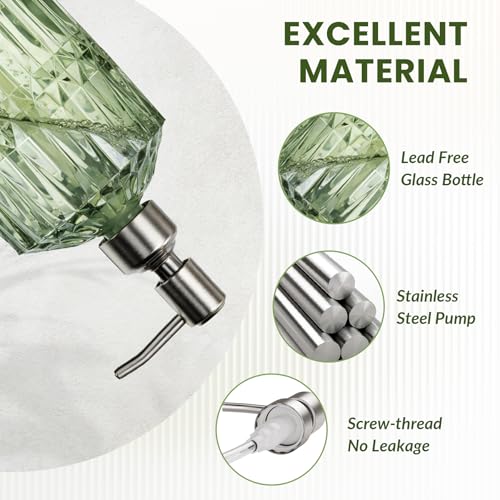 AmazerBath Soap Dispenser, 2 Pack Green Glass Soap Dispenser with Pump Stainless Steel, 14.2OZ Refillable Hand Soap Bottles Bathroom Kitchen - color: Green & Stainless Steel - 2 Pack