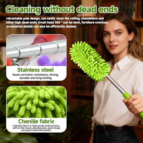 Extendable Microfiber Duster, Telescoping Dusting Brush for Home and Car Cleaning, Adjustable Length, Soft and Flexible - color: Elongated Green