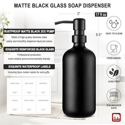 GMISUN Black Soap Dispenser, 2 Pack Matte Black Hand Soap Dispensers Bathroom with Stainless Steel Pump, 17 Fl Oz Glass Dish Soap Dispenser Set for Kitchen, Modern Liquid Soap Bottle with Labels - color: Black Bottle + Black Pump