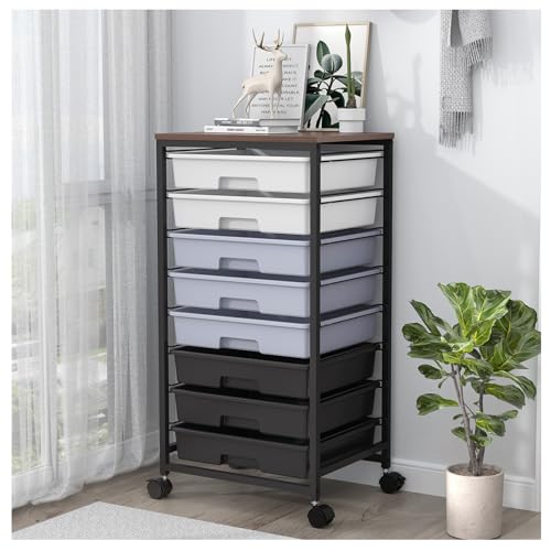 SYKIARIOL Rolling Cart with Drawers,Utility Cart With 8 Drawers and Wooden Tabletop for Living Room,Classroom,Bedroom,Bathroom,Dorm,Office,Dark Grey - color: Grey