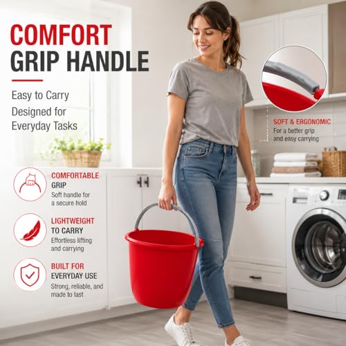 Large 10-Qt Easy Pour Pail with Comfort Grip Handle, Heavy Duty Utility Bucket for Cleaning, Washing, Storage & Household Use, Red