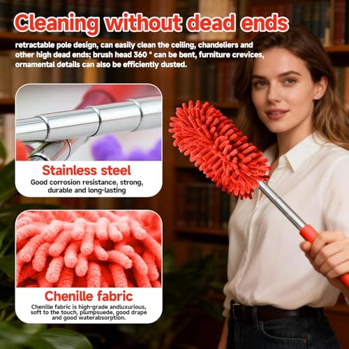 Extendable Microfiber Duster, Telescoping Dusting Brush for Home and Car Cleaning, Adjustable Length, Soft and Flexible - color: Elongated Red