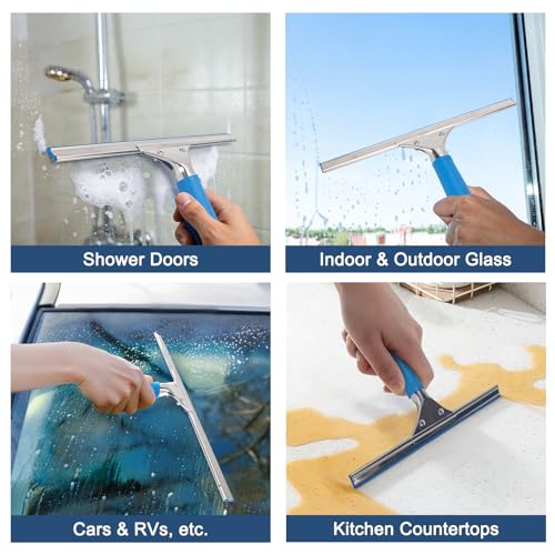 Professional Squeegee for Window Cleaning, 18” Window Squeegee for Shower Glass Door, Stainless Steel Rubber Squeegee Includes 12” Replacement Blades