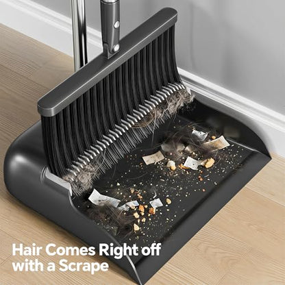 Spreezy Broom with Dustpan Combo Set, 52" Long Handle Standing Dustpan Set, Upright Dustpan with Cleaning Teeth, Indoor Outdoor Home, Office, Black-Gray
