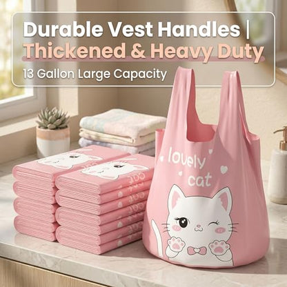 Garbage Bags 13 Gallon Tall Kitchen, 60pcs Pink Trashbags Cute Cat Print Thickened Plastic Garbage Bag Durable Handle Tie Large Pink Trash Bags for Home Office Bathroom Waste Basket And Kitty Litter